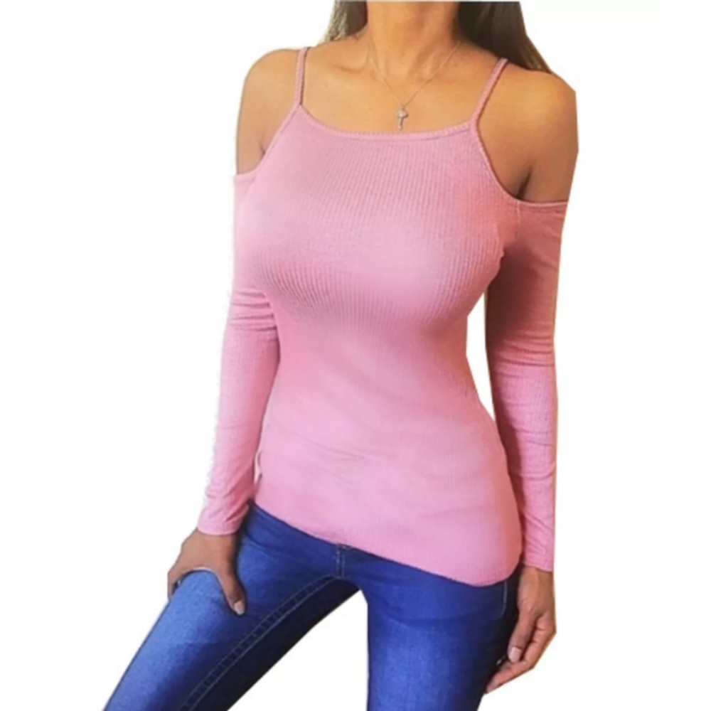 LAST 1* PINK long sleeve cold shoulder strappy shirt top